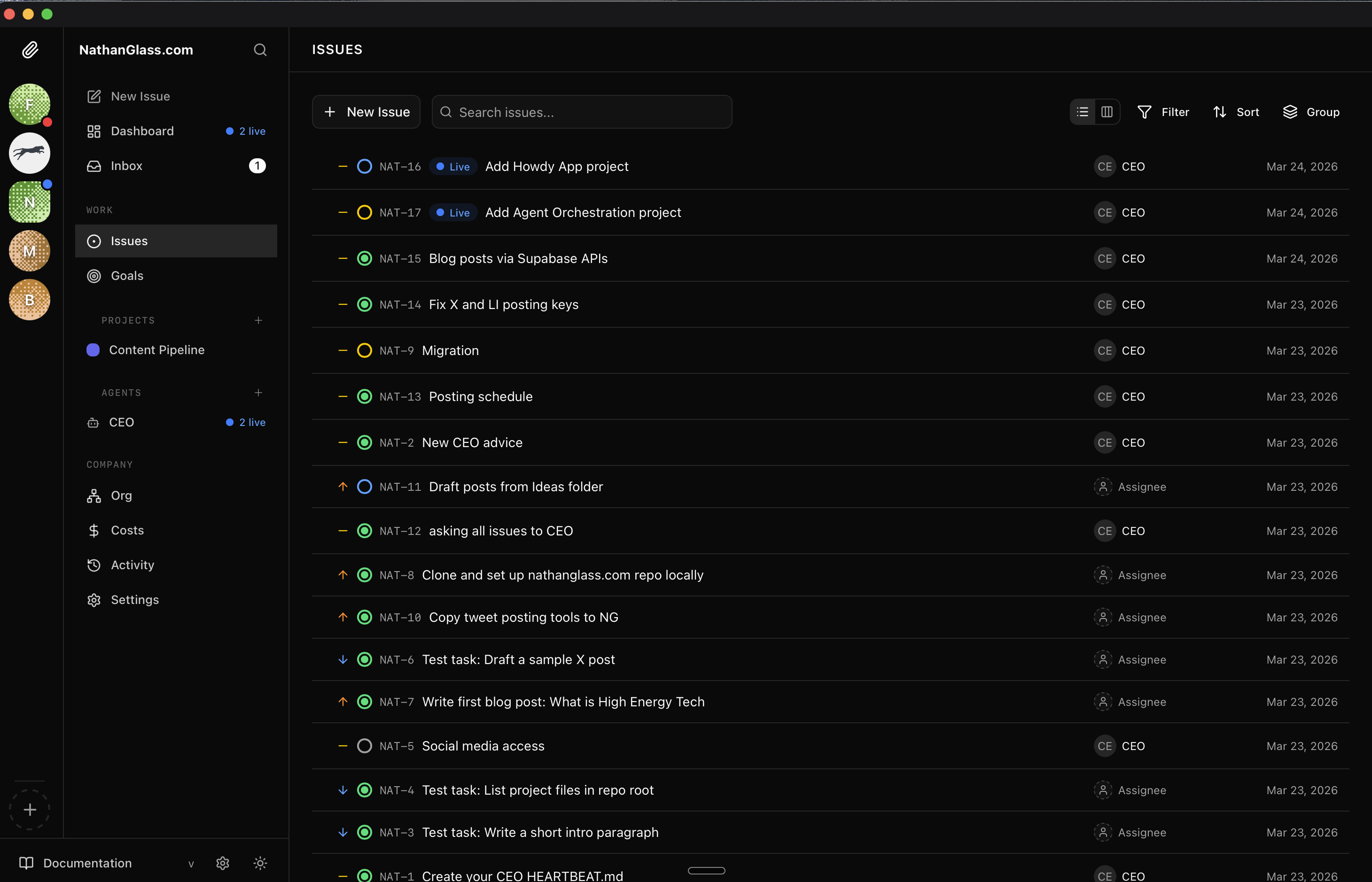 Paperclip issues list showing tasks assigned to agents