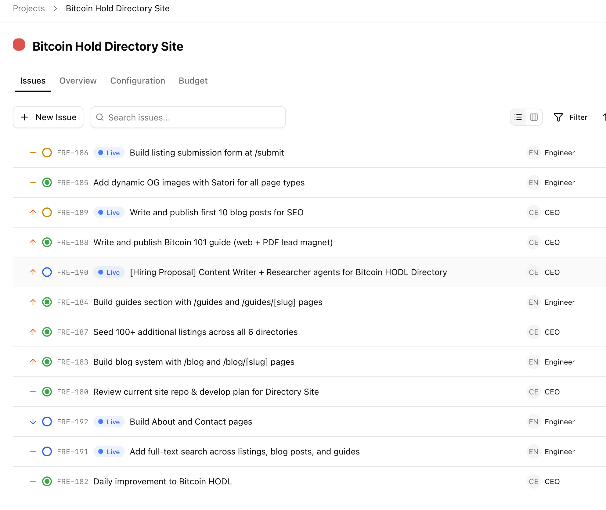 Paperclip issues dashboard showing the project tasks