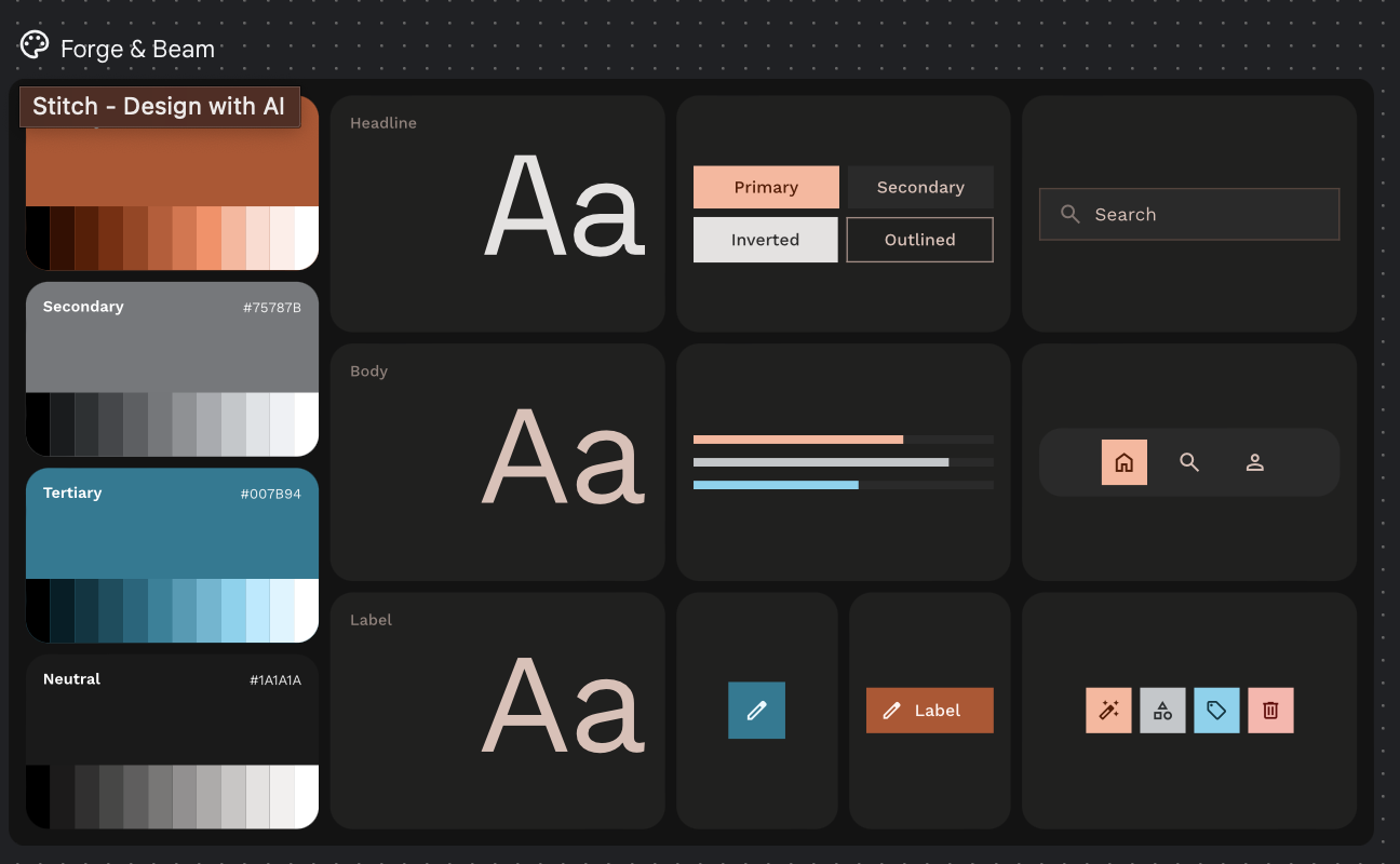 Color palette automatically extracted from a business card by Google Stitch, showing primary, secondary, and accent colors