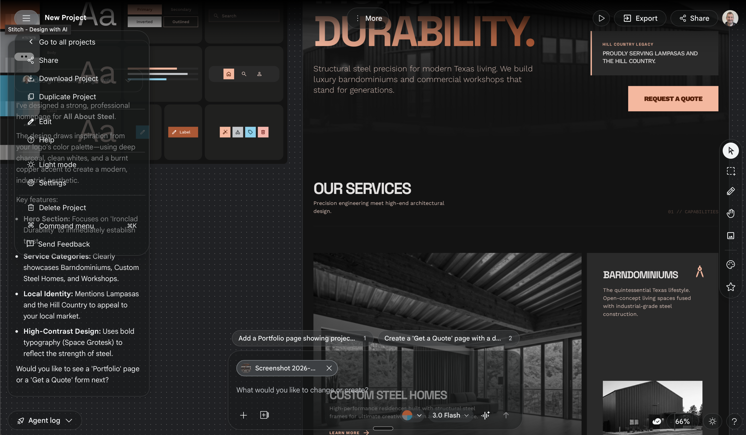Google Stitch UI showing a dropdown menu rendering directly over a dialog box, both with translucent glass styling that makes content hard to read