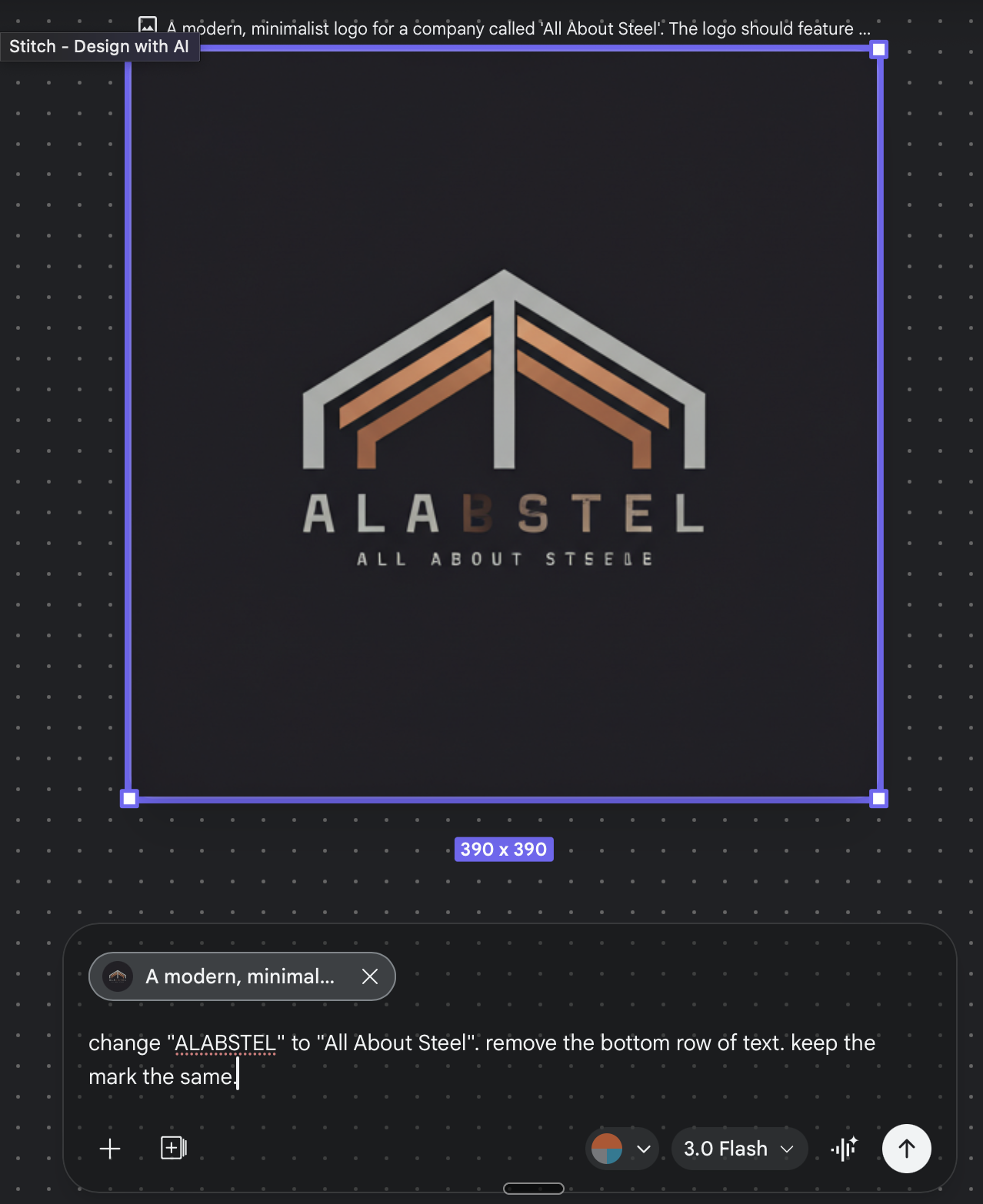 Logo generated by Google Stitch with a great geometric mark but the made-up text ALABSTEL instead of the real business name