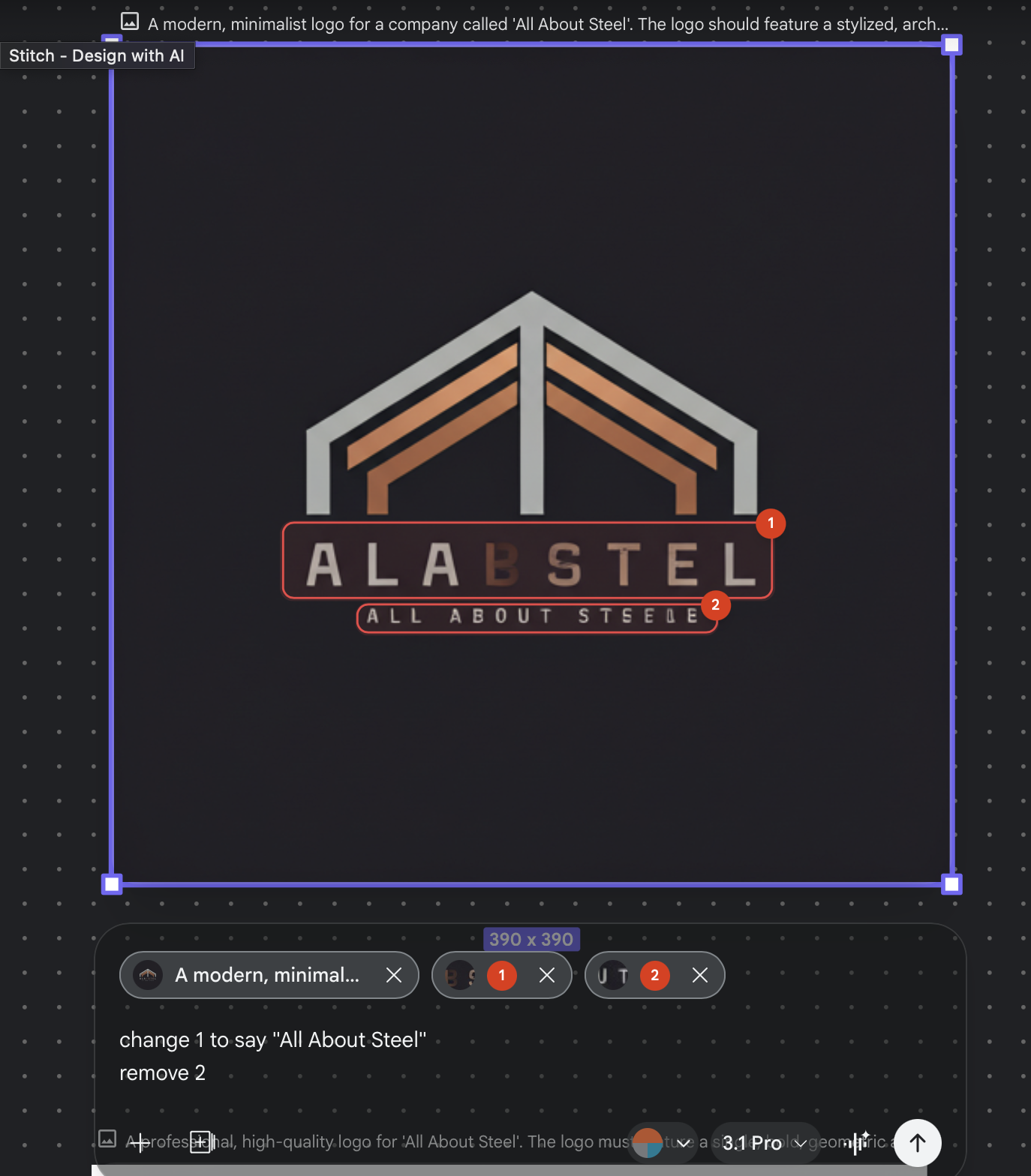 Google Stitch select-and-prompt feature showing red numbered selection areas on the canvas for targeted editing