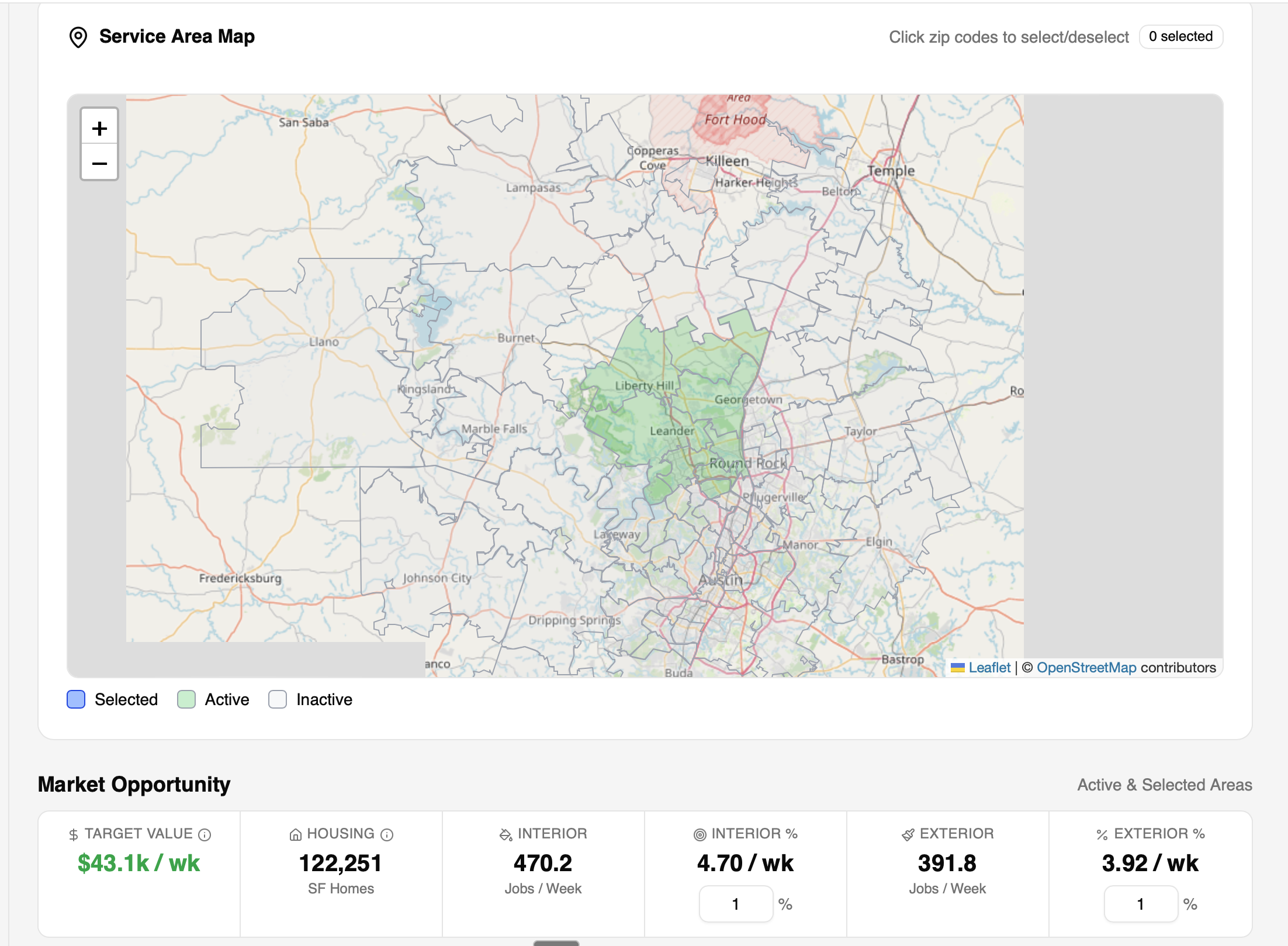 Service Area Map with market opportunity data